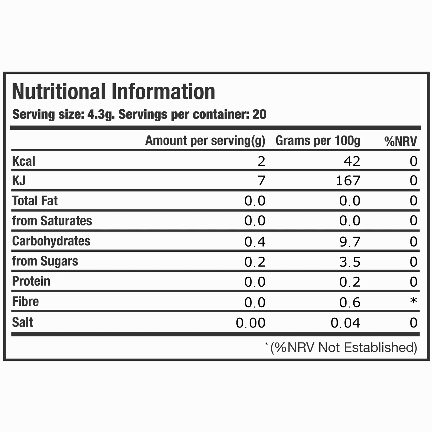 nutritional information for the hydracaddie forest fruits electrolyte supplement.