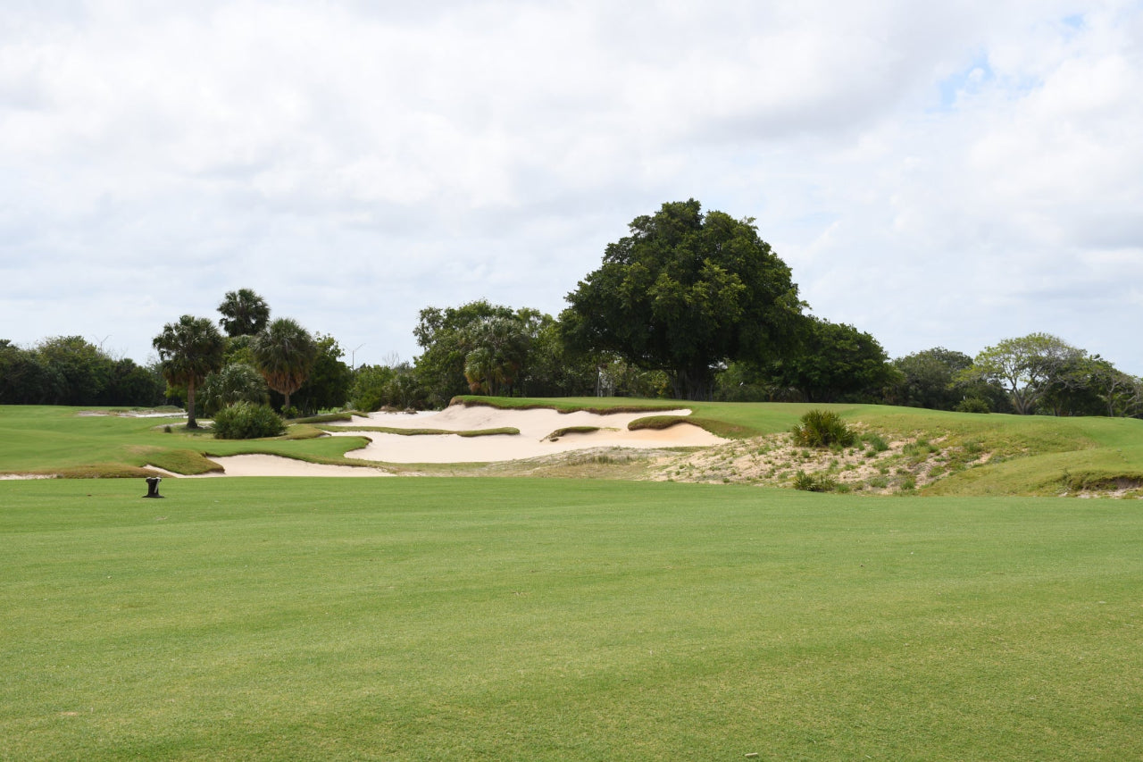 a short par 3, covered by sand and wasteland on a cloudy but sunny day