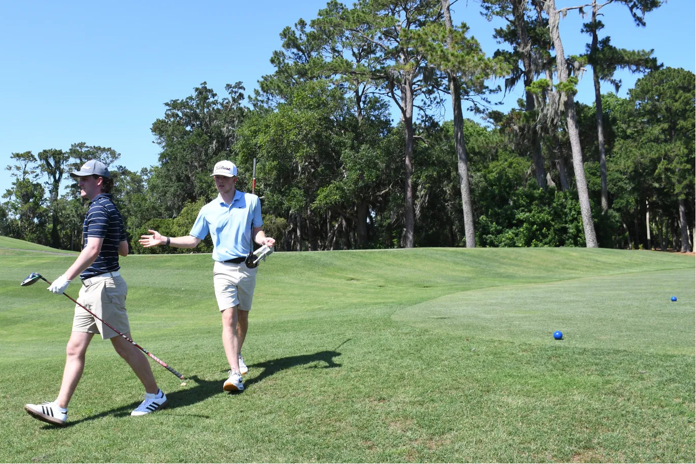 Two golfers on a green course with trees in the background