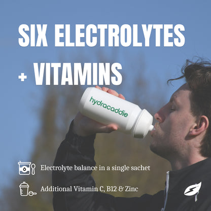 A man outdoors drinking from a white Hydracaddie sachet bottle, with large white text reading 'SIX ELECTROLYTES + VITAMINS' and smaller feature callouts about electrolyte balance and vitamins.
