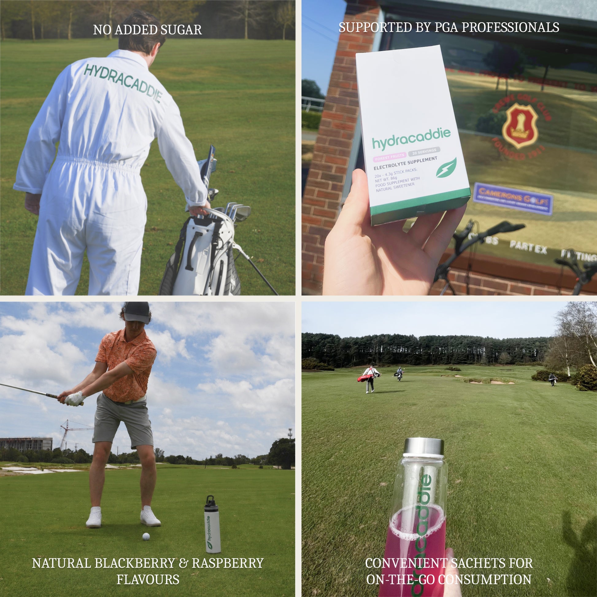 A four-panel collage promoting Hydracaddie electrolyte supplements. The top-left panel shows a golfer from behind wearing a white Hydracaddie shirt on a golf course.