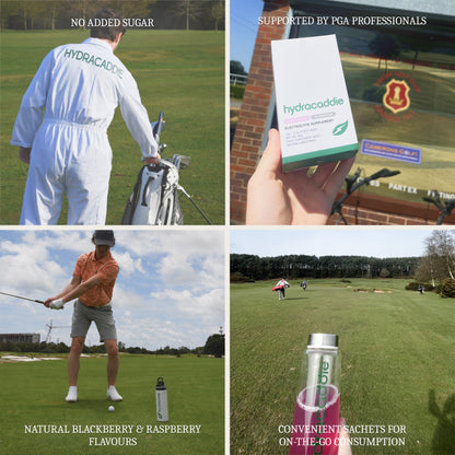 A four-panel collage promoting Hydracaddie electrolyte supplements. The top-left panel shows a golfer from behind wearing a white Hydracaddie shirt on a golf course.