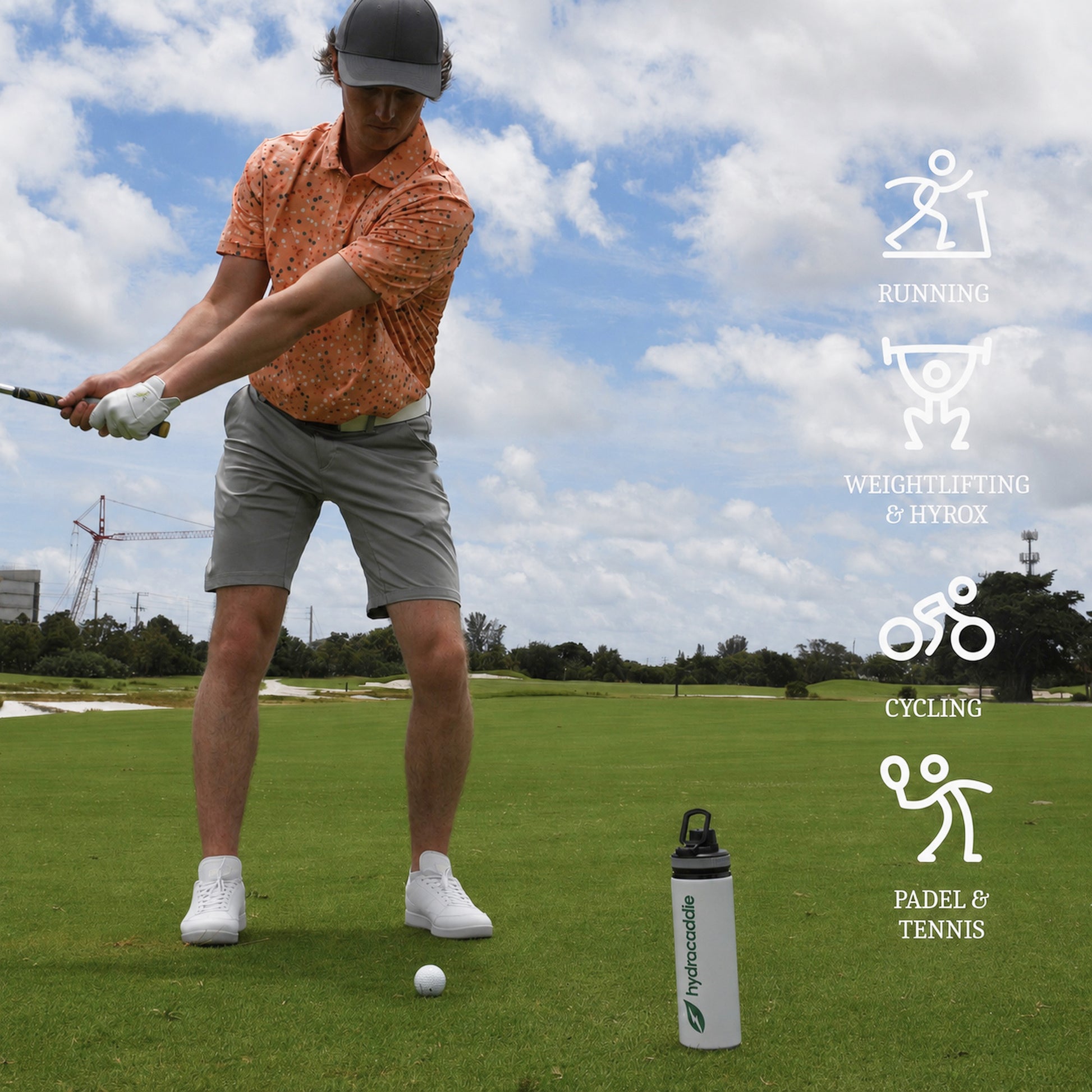 A man in an orange patterned polo shirt and gray shorts swings a golf club on a golf course, with a Hydrocaddie water bottle standing on the grass nearby. White icons on the right list activities the electrolytes are suitable for golf, running, weightlifting & hyrox, cycling, and padel & tennis.