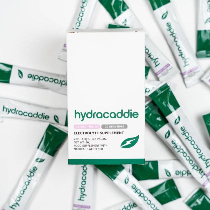Hydracaddie electrolyte supplement packets on a white background