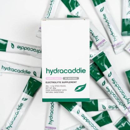 Hydracaddie electrolyte supplement packets on a white background