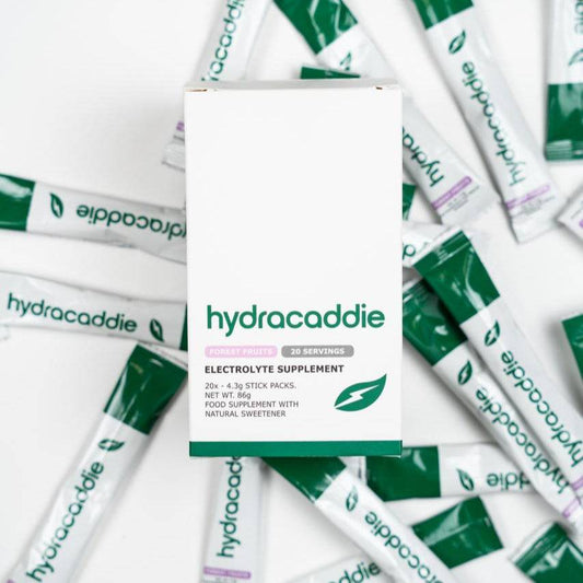 Hydracaddie electrolyte supplement packets on a white background