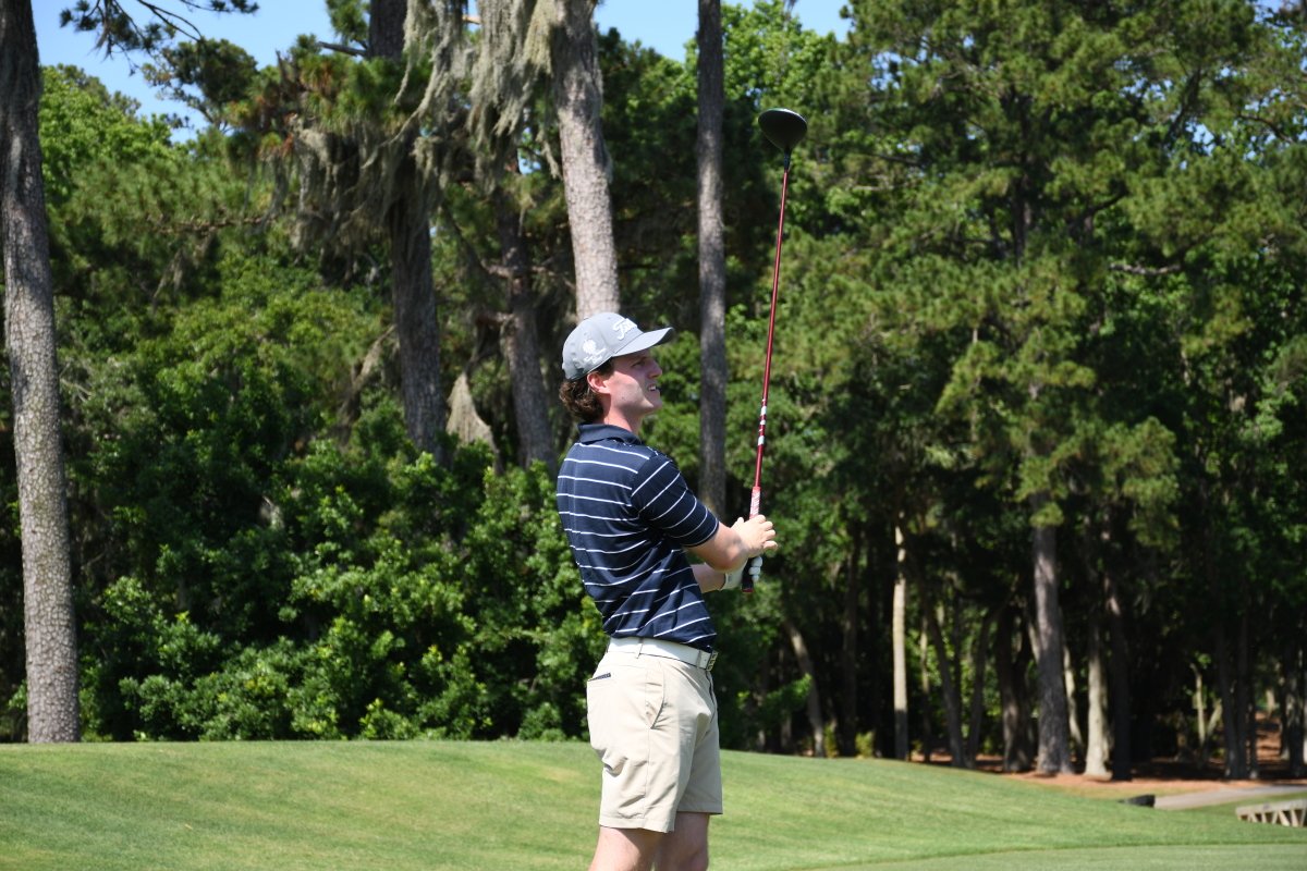 Person playing golf on a green course with trees in the background