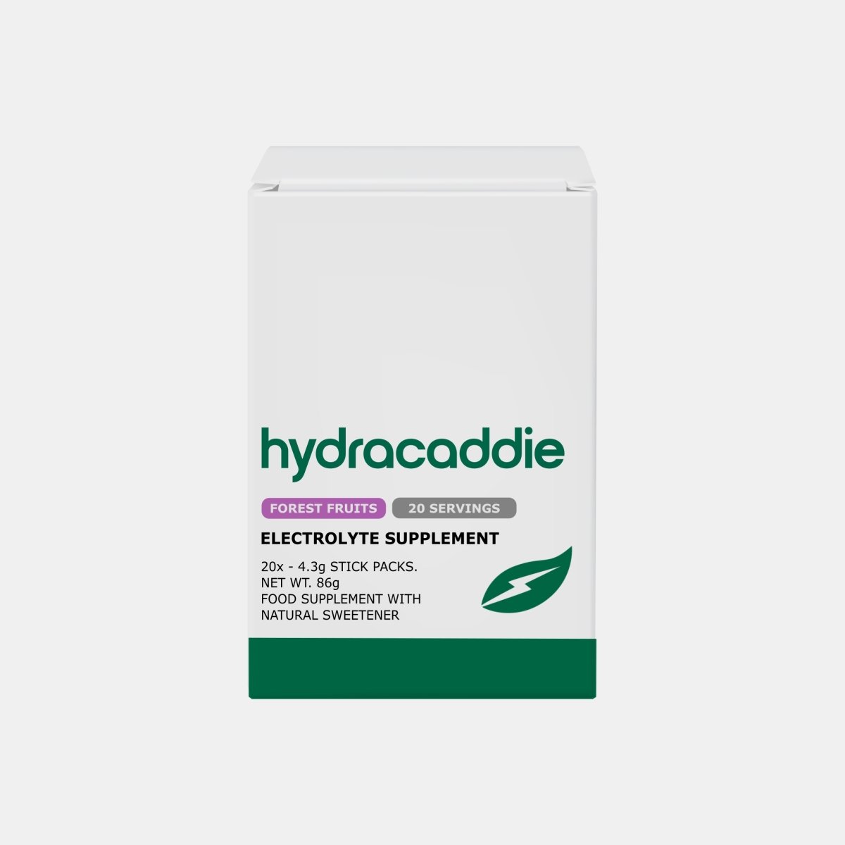 Box of hydracaddie electrolyte sachets on a white background
