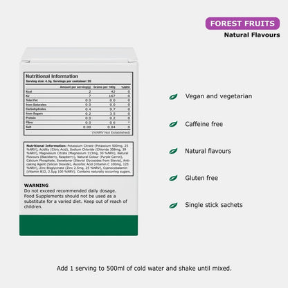 electrolytes highlighting features of vegan and vegetarian, Caffeine free, Gluten free, Natural flavours and single sachets.